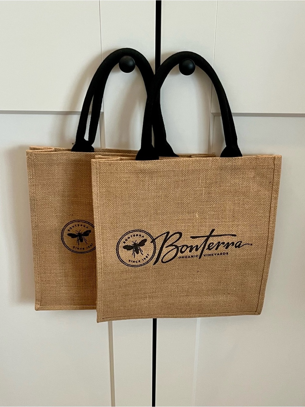 NWOT Set of Two Natural Jute Tote Bags with Black Handles- Bonterra Vineyards